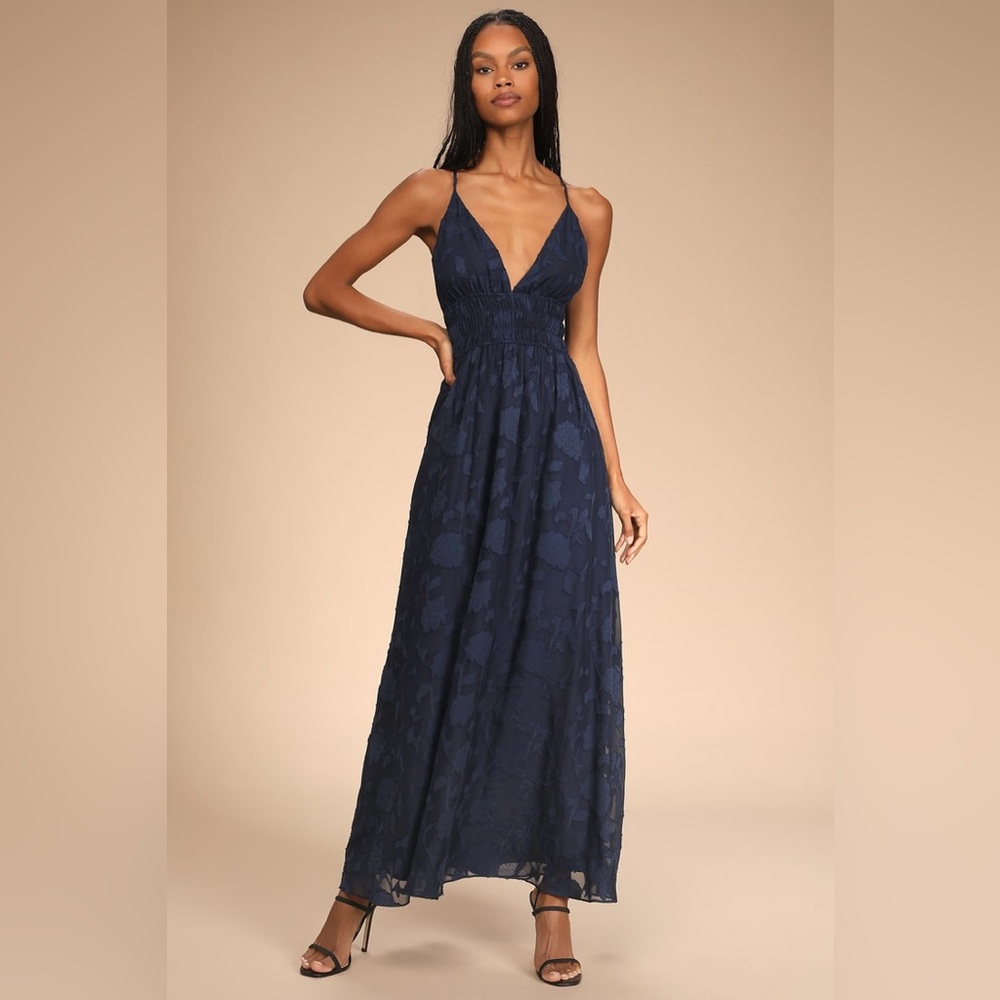 Lulus Splendid Days Navy Blue Floral Burnout Sleeveless Maxi Dress